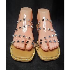 Nicole Miller New York Clear / Silver Pyramid Studded Slide on Flat Sandal